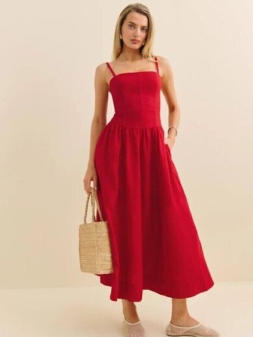 Reformation Katarin Linen Midi Dress Lipstick Red Lace Detail | US 2 UK 6 - Picture 3 of 13
